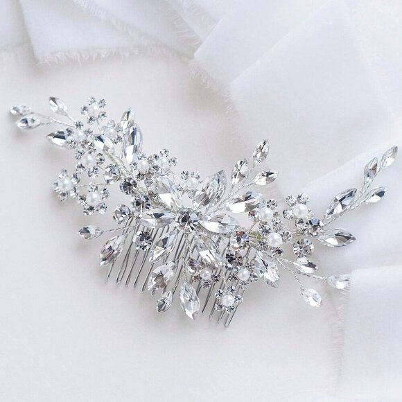 ?Women Silver Flower Crystal Hair Accessories with Pearl Side Comb Headpiece